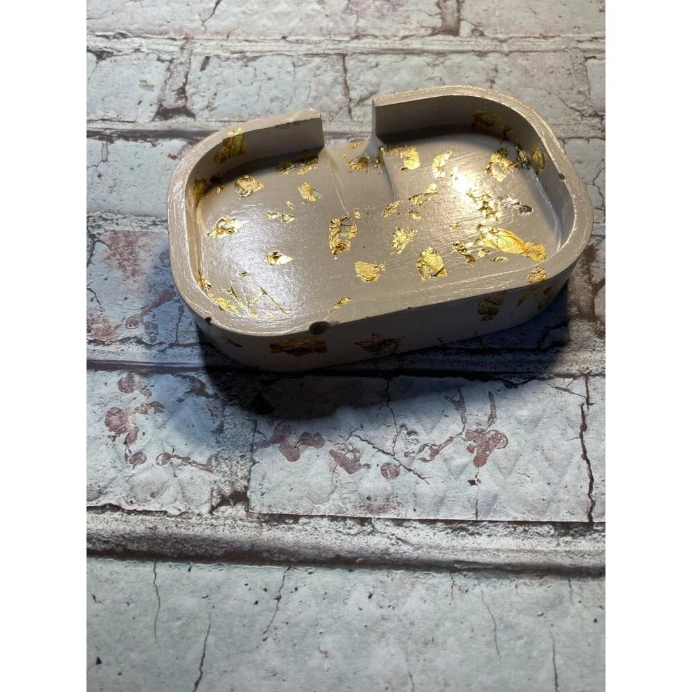 Handmade Soap Dish Cement Soap Holder Bathroom Kitchen Self Draining Gold Flake